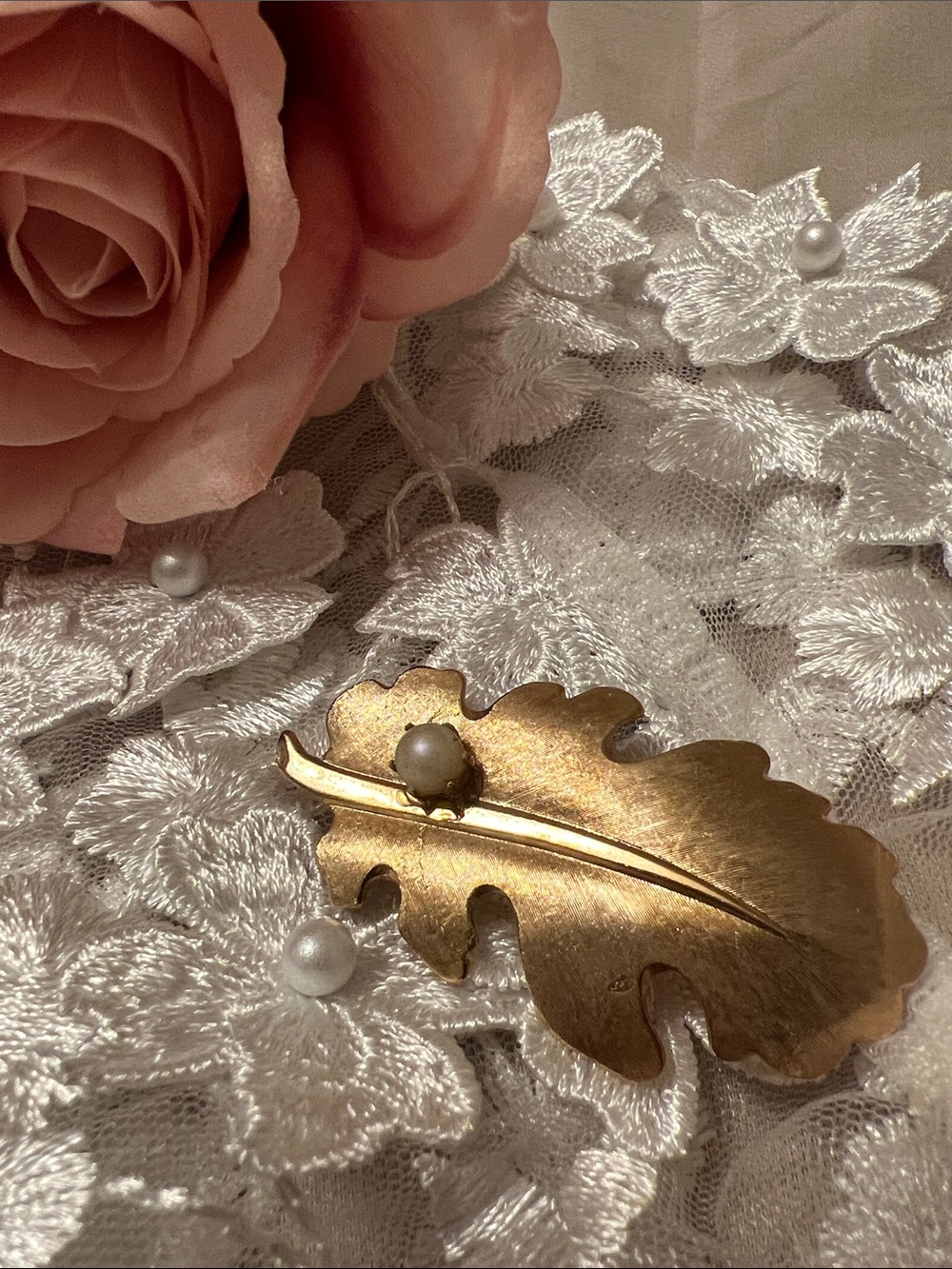 Gold Leaf Pearl Accent Brooch - Women Jewelry